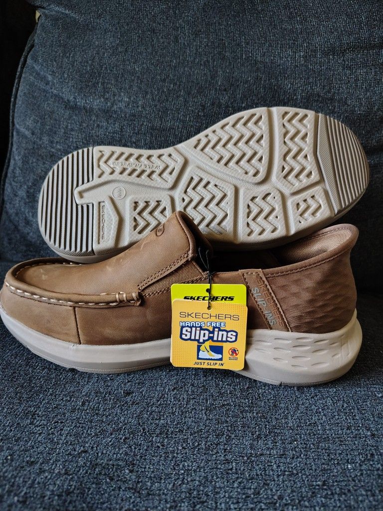 Skechers Men's 7.5 Relaxed Fit Shoes Brown Leather Hands Free Slip-ins Parson