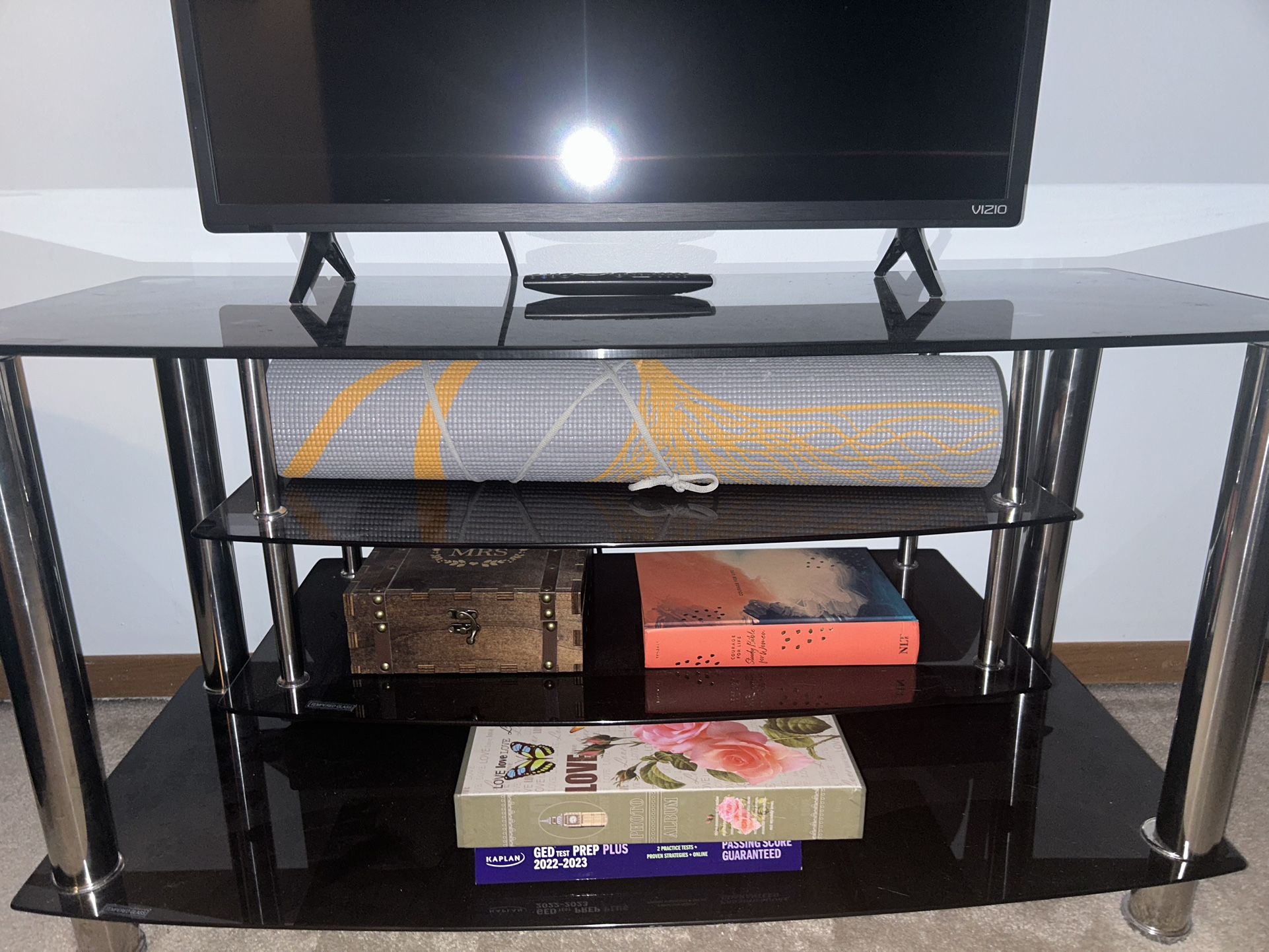 Black Tempered Glass TV Stand With 2 Floating Shelves