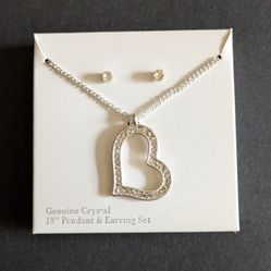 Necklace Genuine Crystal 18" Heart Shaped Pendant And Pierced Earring Set