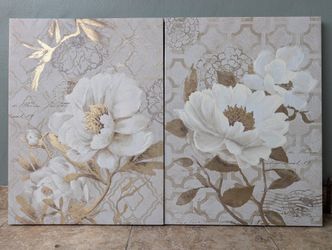 32x24 Large Floral White/Taupe/Gold Canvas Wall Art- Cavas Wall Decor
