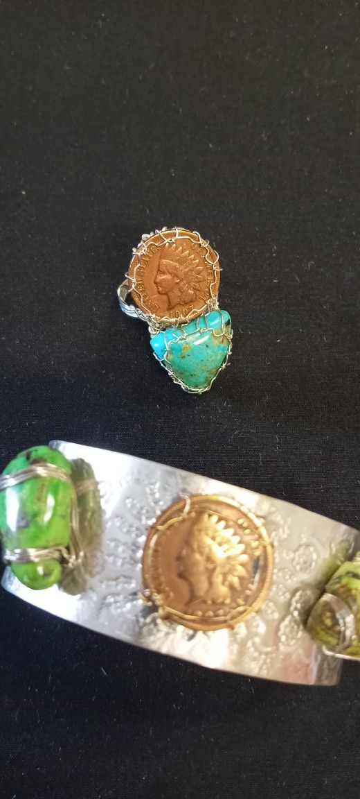Signed Sterling,turquoise,and Indian Head Pennies Ring And Bracelet