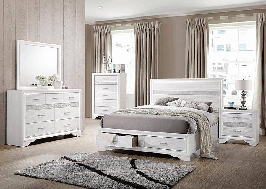 NEW Modern Bed Set Miranda 4 pc White Queen / king Bedroom Set With Storage Drawers