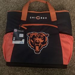 Brand new Chicago Bears large tote cooler, Bears match game, knit cap and gloves. 