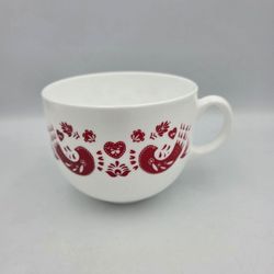 Vtg  IKEA White Milk Glass Coffee Cup with Red Bird & Heart Pattern Mug