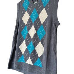 Banana Republic Silk Cashmere Sweater Vest Argyle V Neck Blue and Gray Academia.  80% Silk 15% Cotton 5%Cashmere comes from pet and smoke free househo