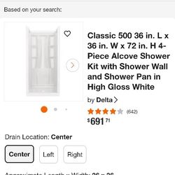 36"X 36" Fiberglass Delta Shower