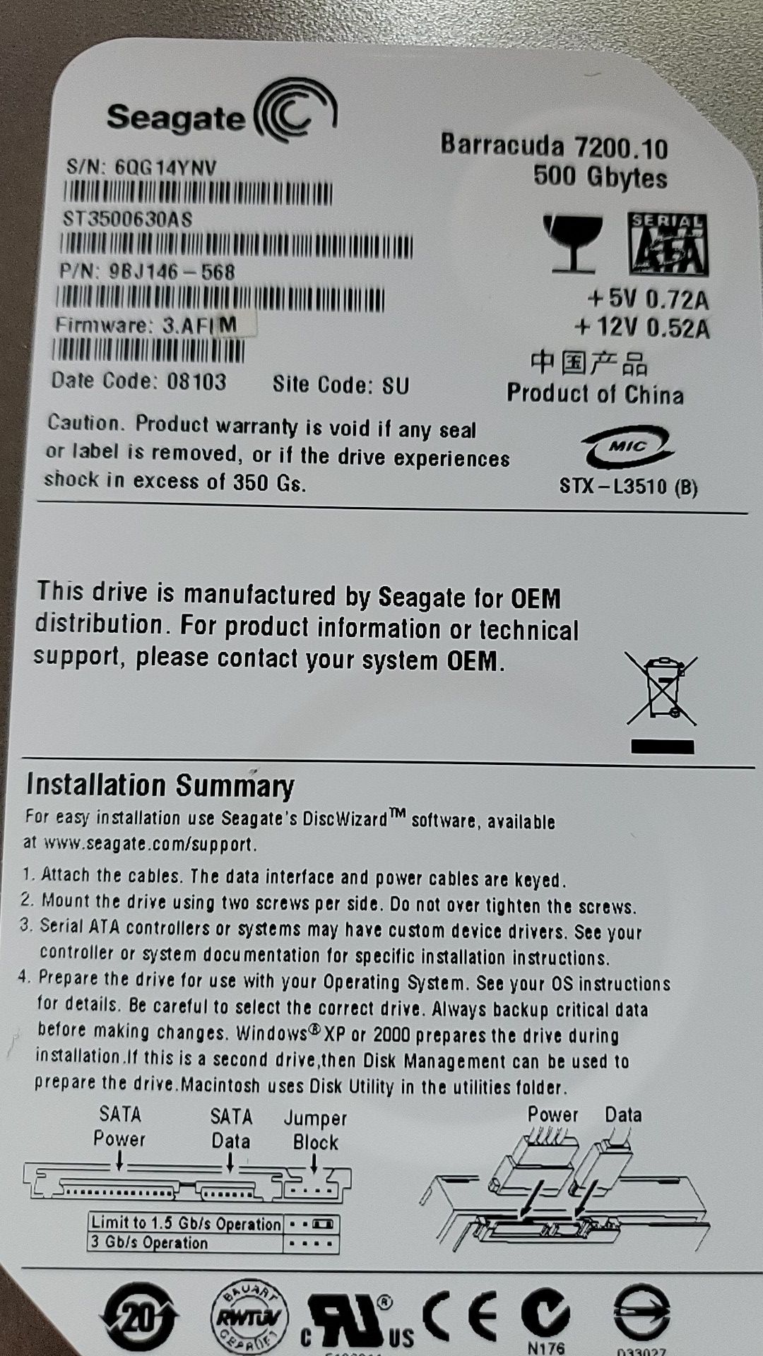 Seagate 500gb Hard drive