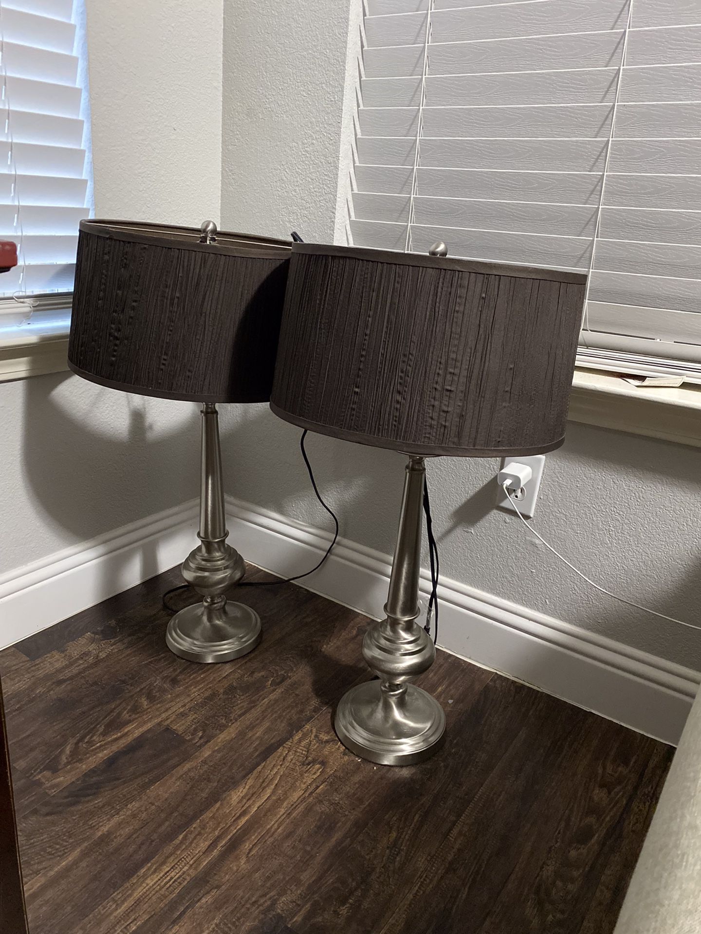 Two Table Lamps With Dark Brown Shades 