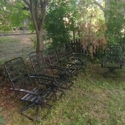 Wrought Iron Patio Furniture, 6 Swivels &  Table w/ Tinted Glass.