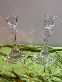 Pair of Crystal Glass Tulip Candlestick Holders