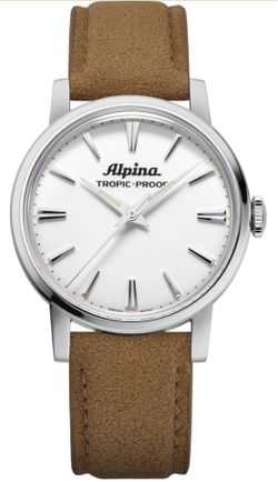 Alpina Men's Heritage '1965' Tropic Proof Handwinding Swiss Made Leather Strap Watch, Sapphire Crystal, 34.5mm, 30mm Water Resistant  Color: White Dia