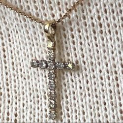 Italy 10K Yellow Gold Diamond Chip Cross Pendant Necklace
