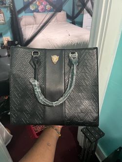 Black Embossed Tote Bag with Gold Lion Emblem