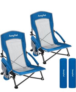 SUNNYFEEL Folding Low Beach Chair 2 Pack - Lightweight Portable Lawn Chair with Mesh Back & Cup Holder, Sand Chair Load up to 300lbs for Outdoor/Trave