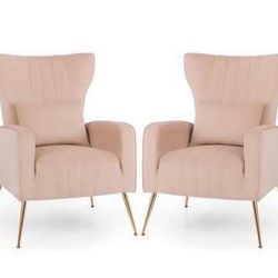 2 For $180 New Velvet Accent Chair with Lumbar Pillow Upholstered Tufted Wingback Arm Chair