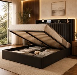 Queen Bed, Lift Up Storage Hydraulic Bed Frame, Charging Station, Black
