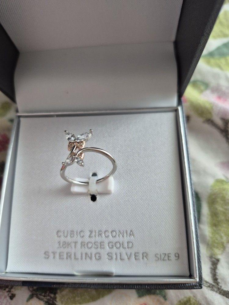 PRIMROSE Sterling Silver Cubic Zirconia 18K Rose Gold Butterfly Ring