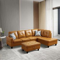 Brand New Ginger Leather Sectional Couch With Ottoman 