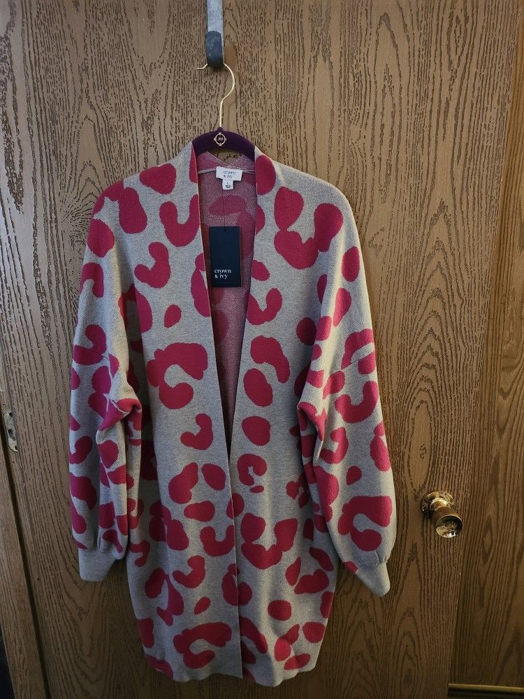 Grey And Pink Leopard Open Long Cardigan