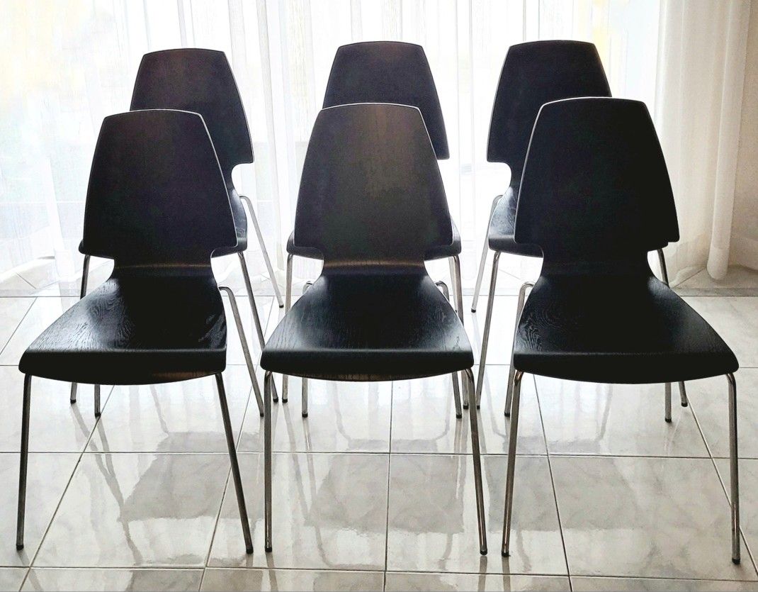 6 Ikea Vilmar Black Wood Dining Chairs With Metal Legs