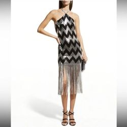 NWT Bronx & Banco Gatsby Dress black silver sequins fringe bottom size 8 New with tags Tags: PROM party, disco, wedding, celebration, night out, club,