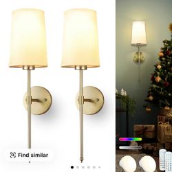  Battery Operated Wall Sconce Set of 2 with Remote Control, White Fabric Shade Wall Lights with Dimmable 15 RGB Rechargeable LED Light Bulb