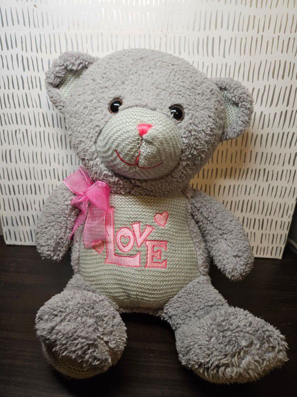 Teddy Bear Plush 16" Gray Dan Dee Love Pink Bow Embroidery Knit