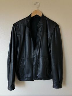 Male Black Leather Classic Bomber Jacket Size 38