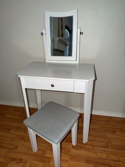 White Vanity Table with Mirror and Stool