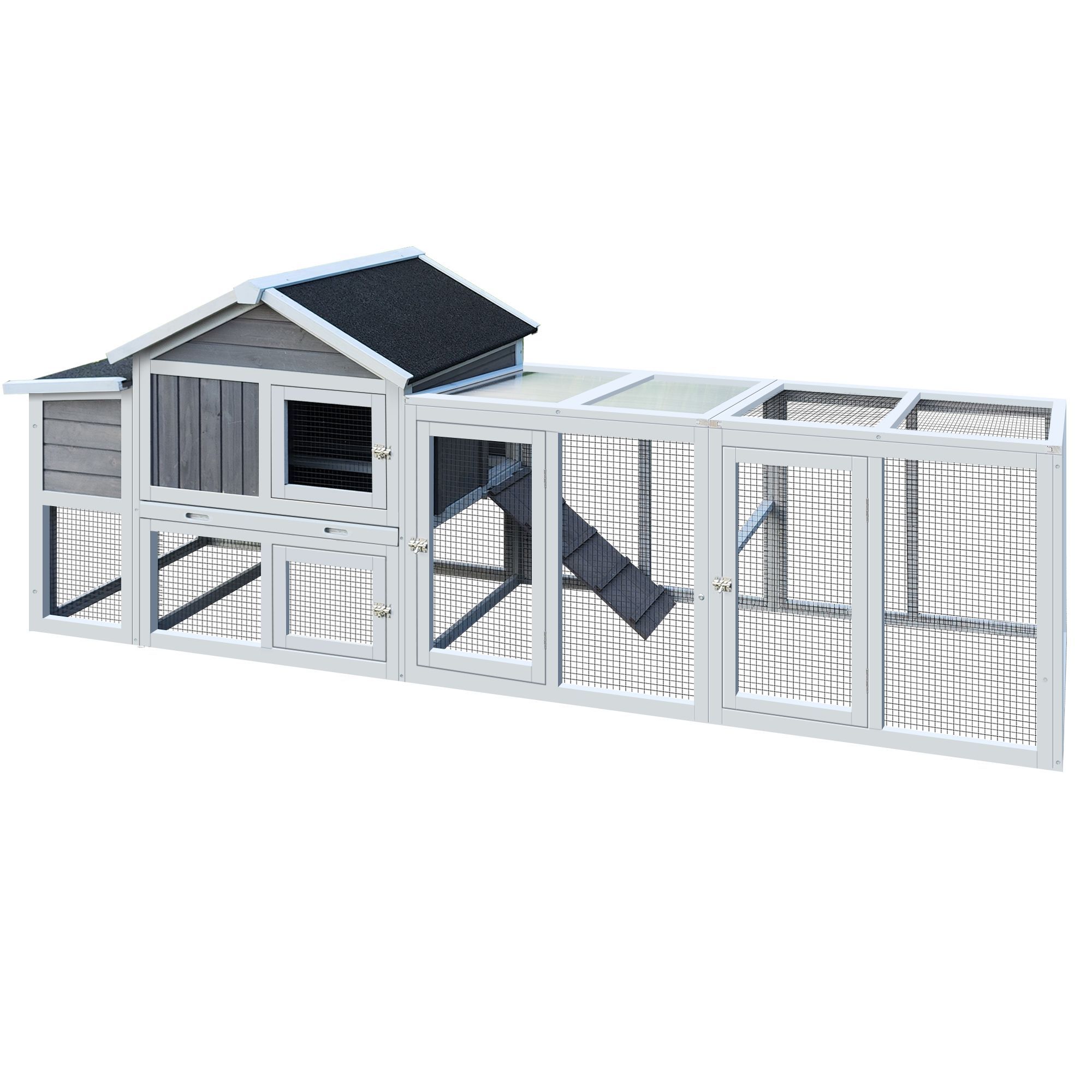 111.5 Gray Wooden Chicken Coop, Large Outdoor Hen House with Run and Nesting Box Poultry Cage, Rabbit Hutch, Waterproof Anti-UV Panel for Backyard