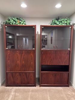 Pair Vintage Rosewood Display Cabinets set 1980's mid century modern brown storage wall unit large