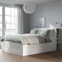 IKEA, BRIMNES Queen Bed frame with storage & headboard, white/Luröy