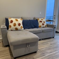 Modern Sectional Sleeper Sofa w/ Chaise - Built-in USB, Storage & Cup Holder