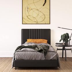 *Brand New* Rio Faux Leather Upholstered Platform Bed with Tufted Headboard, Twin, Black