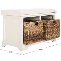 Vintage White Storage Bench with Wicker Baskets & Cushion, Entryway Seating Bench, Fully Assembled