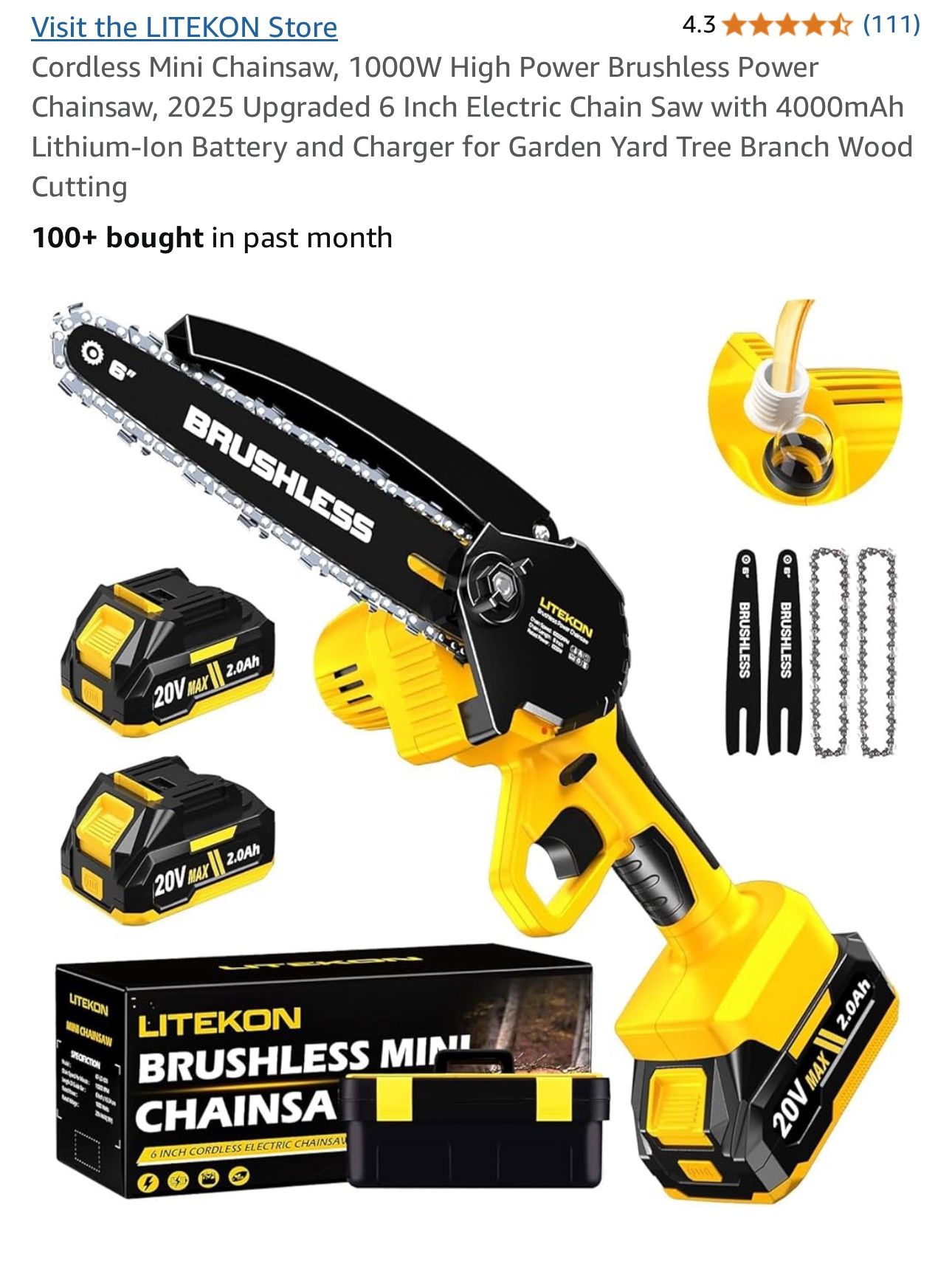 Cordless Mini Chainsaw, 1000W High Power Brushless Power Chainsaw, 2025 Upgraded 6 Inch Electric Chain Saw with 4000mAh Lithium-Ion Battery and Charge