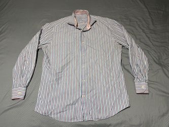 Bugatchi Uomo Men's Striped Dress Shirt 15.5 34/35 Long Sleeve Pink Trim Cotton