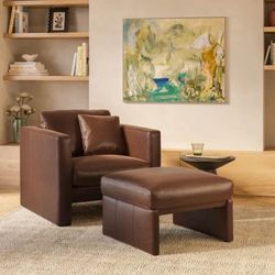 Article Roxwell Leather Lounge Chair + Ottoman – Taos Brown – $1,648 Retail – Open Box – Delivery