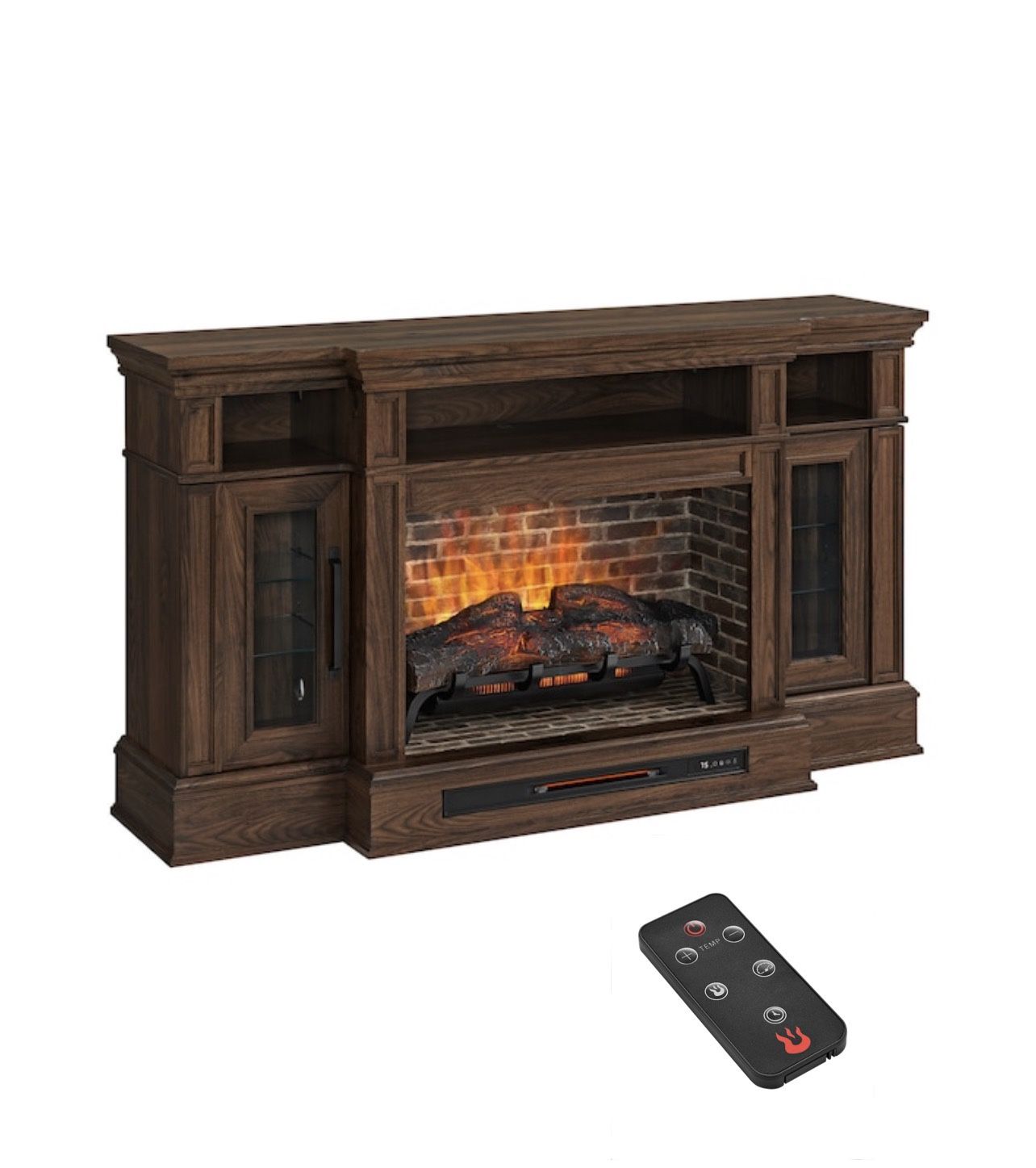 allen + roth 66-in W Brown Walnut Infrared Quartz Electric Fireplace