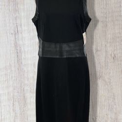 NWT Ellen Tracy 2025 Black Sheath Dress Faux Leather Trim Sleeveless, Sz.L