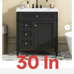 30 in. Single Sink Freestanding Black Bath Vanity with White Ceramic Top, Adjustable Shelf Tip-out Drawer, 2 Drawers
