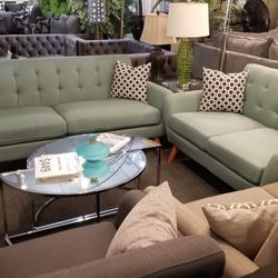 Brand New Green Or Charcoal Linen Midcentury Modern Sofa + Loveseat 2PCs Set
