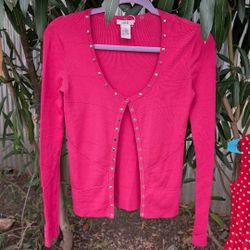 Cache Pink Cardigan Size XS Y2K Women's Pink Ribbed Long Sleeve Blous V-neck Vest with Snap Buttons