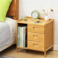 Bamboo Nightstand with 3 Storage Drawer, Bedside Table End Tables Side Tables with Open Shelf, Modern Night Stand for Bedroom, Small Space and Living 