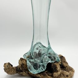 Molten Glass Skinny Vase on Driftwood 9.5”