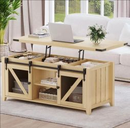 48" Farmhouse Lift Top Coffee Table w/ Storage Hidden Compartment Barn Door
