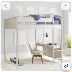 West Elm Mid-Century Full Loft Bed with Desk – Rare Pebble Finish