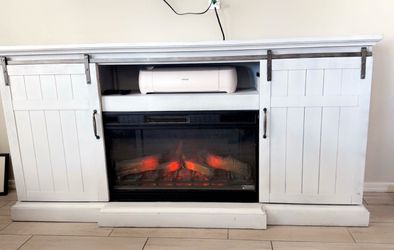 White Barn Door Electric Fireplace TV Stand