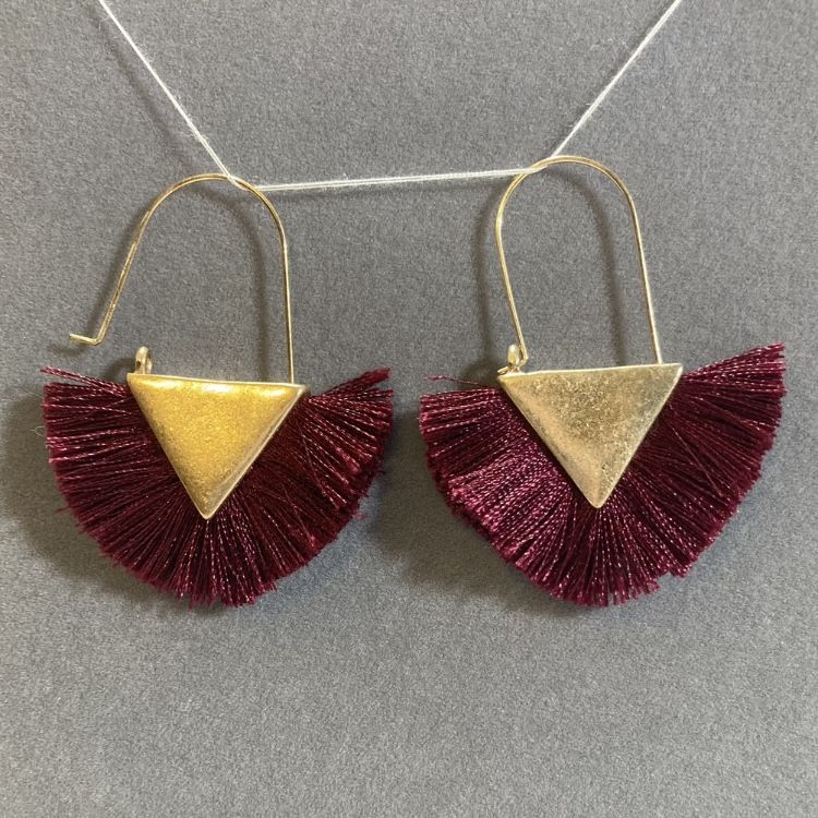 Gold Triangle Earrings with Red Fringe