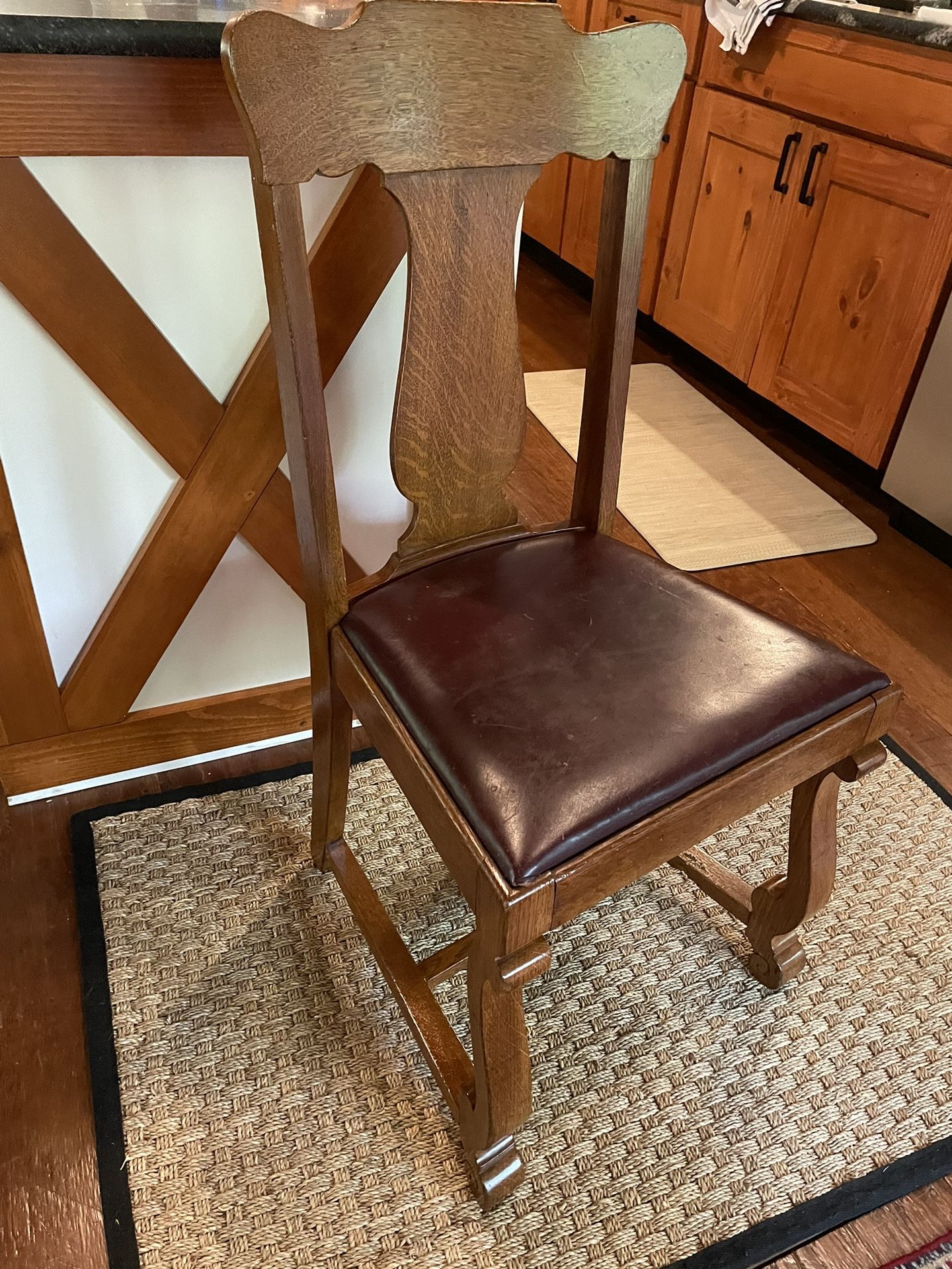 Antique Golden Oak Chair With Leather Seat.